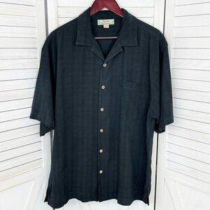Tommy Bahama Silk Monochrome Check Hawaiian Camp Shirt Black Large Button Front
